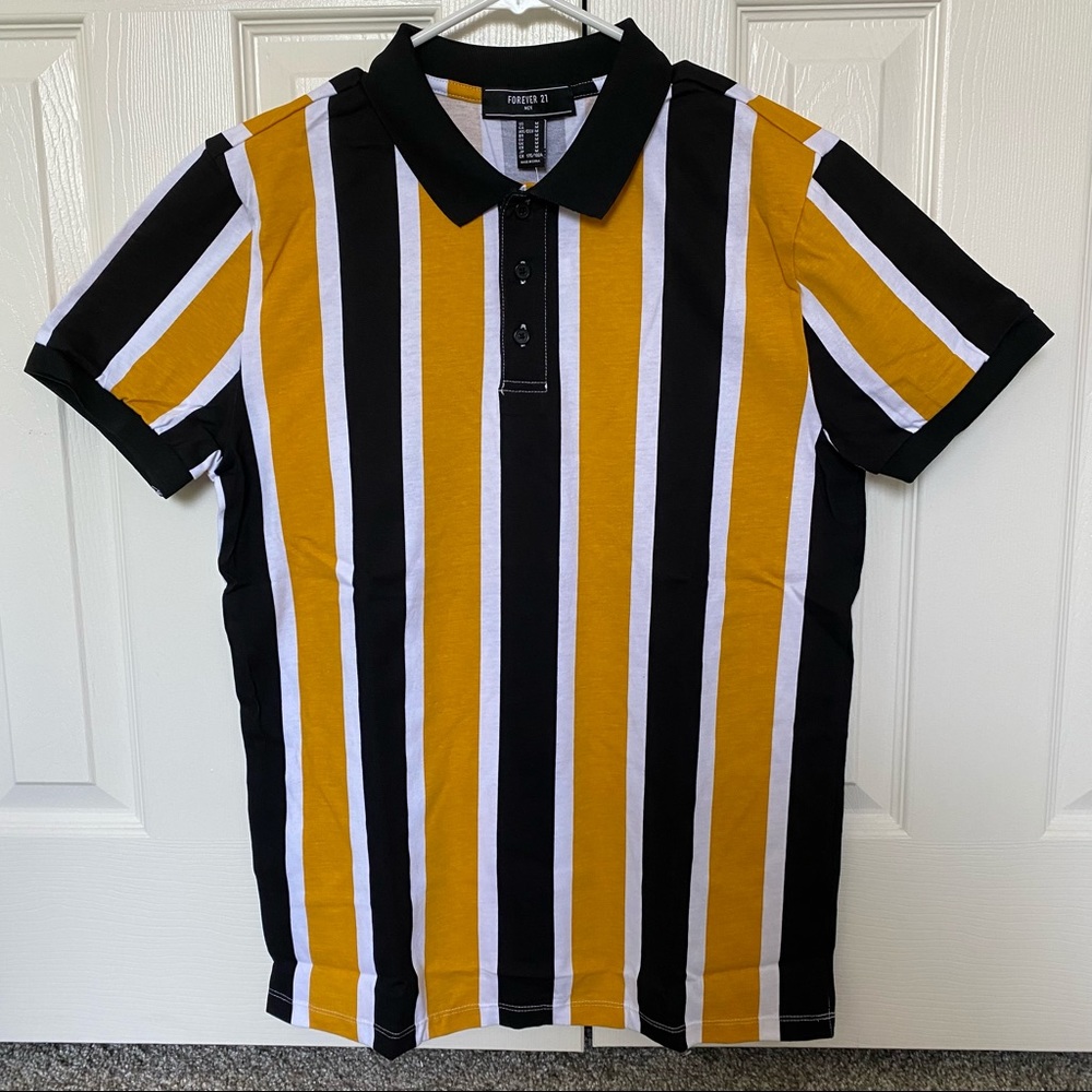 NWT Forever 21 Gold & Black Striped Polo Shirt